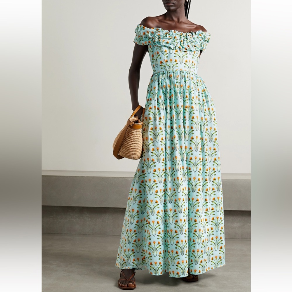 Agua by Agua Bendita blue, off the shoulder, floral, gown.